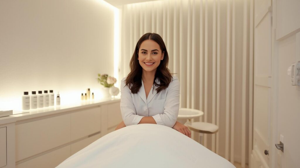 massage therapist posing in her massage room
